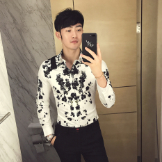 3D Modis Pemuda Slim Lengan Panjang Kemeja Cetak Kemeja (Putih) baju atasan kaos pria kemeja pria