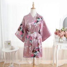 Amart Women Satin Robe Floral Peacock Printed Bathrobe Short Kimono
Night Bath Robe Gown(Brown)
