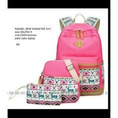 Backpack Set 3 in 1 Tribal Deer (Backpack / Tas Ransel 3 in 1, Sling Bag / Tas Selempang, Pouch / Dompet) Pink
