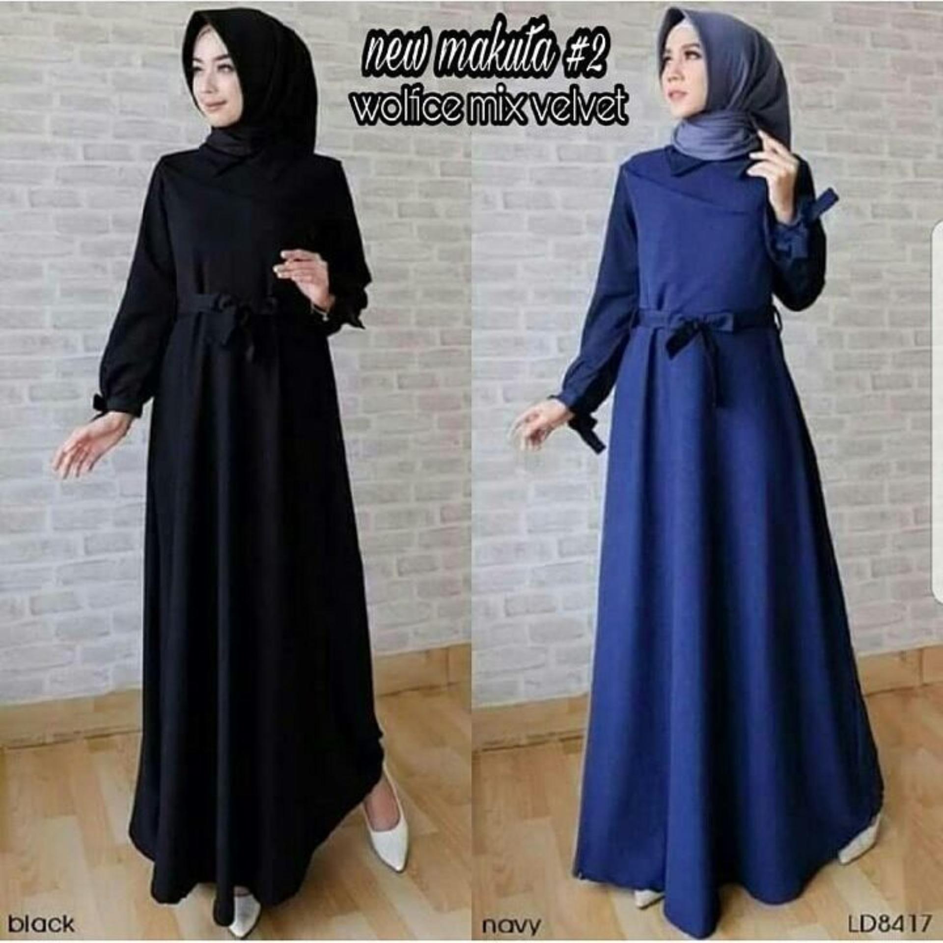 Baju Original Gamis New Makuta Dress Gamis Wolfice Mix Pelvet Pakaian Panjang Muslim Modern Modis Trendy Warna Black 