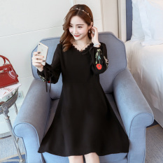 Bordir Model Trendi Baru Kerah V Baju Hamil Baju Hamil Gaun (Hitam)