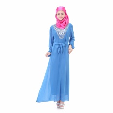Chiffon Abaya Dresses Muslim Dresses Malaysia Long Sleeve Skirt Jumpsuit Large Size M/L/XL/XXL Blue