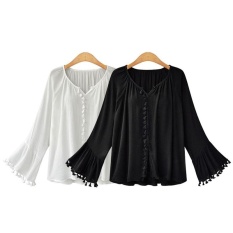 Cotton Linen Shirt Big Yards Under The Coat Western Style Flare Sleeve Long Sleeves Tassel Shirt Plump MM Autumn New Shirt(Black)