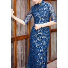 Elegan Renda Enam Poin Lengan Bagian Panjang Cheongsam Rok Cheongsam (Renda Renda Renda Renda Yun Jin (Panjang Baju 130 Cm))