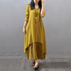 Elegan dengan Gaun Longgar Leher V Lengan Baju Fashion Ukuran Wanita Lebih Gaun Musim Gugur Vestidos Pemukiman Sprei Katun Panjang Kasual BoHo Gaun Kuning Panjang Maxi