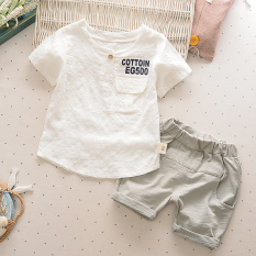 Gaya Korea Dari Katun Dan Linen Anak Baru Lengan Pendek Celana Pendek T-shirt (EG5 Putih)