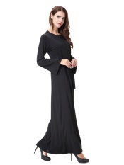 HANYIMIDOO TH906 untuk Wanita Muslim Lady Lengan Panjang O Leher Gaun Maksi Wanita Robe Nasional Retro Gaya Pakaian (Hitam) -Intl