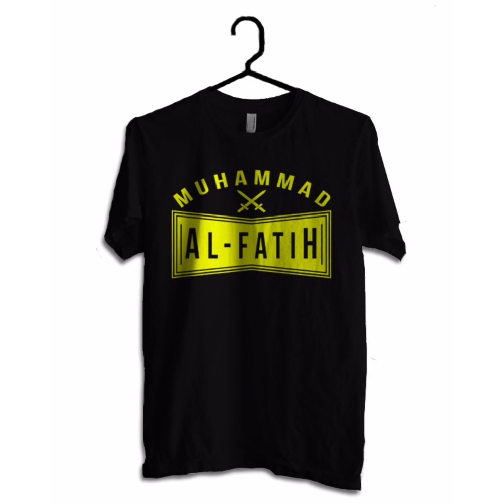 Hujjah Kaos Islam/Muslim Pria dan Wanita - Al Fatih - Kaos Hitam Sablon Kuning