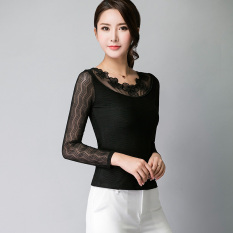 Ibu Gemuk Benang Bersih Wanita Berongga Slim Baju Dalaman Kemeja Renda (Hitam)
