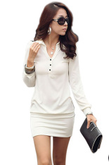 Sajak Perempuan Di Titik Tombol Kerah Differences Bagian Pinggul Ramping Lengan Baju Panjang Tas Mini Dress S-XL (Putih)