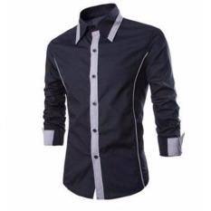 Kemeja Hem Pria Cowok Laki Korea Jepang Lengan Panjang Distro Slimfit Stretch Trendy Keren Cotton Katun Hitam Black Motif List