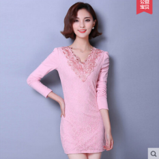 Korea Fashion Style Tambah Beludru Wanita Di Bagian Panjang Lengan Panjang Kemeja Renda Lebih Tebal Baju Dalaman (Merah muda v-neck (ditambah Beludru (Spot sekarang mengirim))