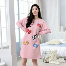 Korea Fashion Style Katun Lengan Panjang Wanita Baju Rumah Gaun Tidur (Kapas Busur Rok Merah Muda)