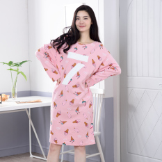 Korea Fashion Style Katun Lengan Panjang Wanita Baju Rumah Gaun Tidur (Kerucut Rok Merah Muda)