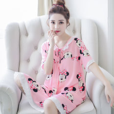 Korea Fashion Style Katun Sutra Perempuan Bagian Tipis Katun Baju Tidur Gaun Tidur (Rok Mulut Kucing Bedak)