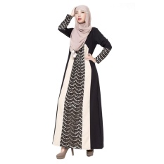 Renda Muslim Gaun Panjang Tradisional Arab Robe Melayu Terusan Rok Linen Lengan Panjang Hitam-Internasional