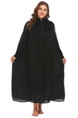 Linemart Women Stand Neck Long Sleeve Lace Patchwork Loose Long Gown Nightgown Plus ( Black ) - intl