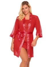 Linemart Women's Sheer Mesh Kimono Robe Chemise 3 Pieces Lingerie Set Plus Size ( Red ) - intl