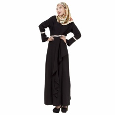 Linen Melayu Dress Wanita Arab Gaun Rok Lengan Panjang Terusan Hitam-Internasional