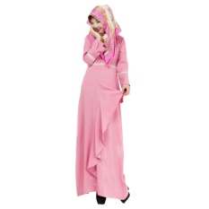 Linen Melayu Dress Wanita Arab Muslim Gaun Rok Panjang Jumpsuit Lengan Pink-Intl