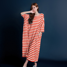 Longgar Korea Fashion Style Baju Lengan Panjang Wanita Ukuran Besar Gaun Gaun Tidur (Oranye Bergaris Putih)