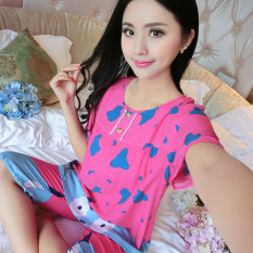 Longgar Korea Fashion Style Katun Sutra Perempuan Musim Panas Baju Tidur (Lengan Pendek Sapi Perah Merah Mawar)