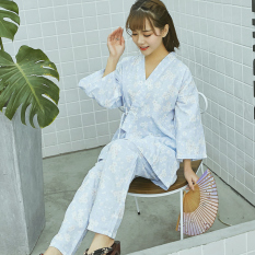Longgar Korea Fashion Style Perempuan Musim Semi Dan Musim Gugur Katun Lengan Panjang Olahraga Kimono Baju Tidur (Biru Gaya Jepang Putih Bunga Celana Panjang Baju Tidur)