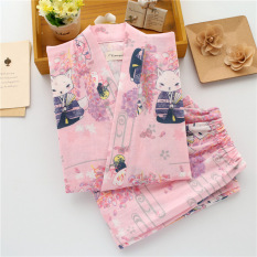 Longgar Korea Fashion Style Perempuan Musim Semi Dan Musim Gugur Katun Lengan Panjang Olahraga Kimono Baju Tidur (Merah Muda Gaya Jepang Wisteria Fox Celana Panjang Baju Tidur)