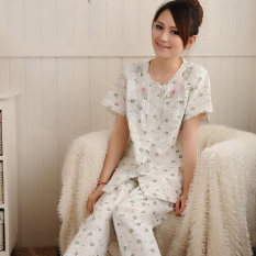 Longgar Musim Panas Perempuan Bagian Tipis Kain Katun Baju Tidur Baju Tidur (Lengan Pendek Kecil Bunga Hijau)
