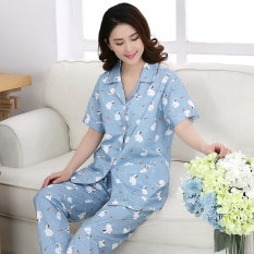 Longgar Musim Panas Perempuan Bagian Tipis Kain Katun Baju Tidur Baju Tidur (Lengan Pendek Lobak Kelinci Biru)