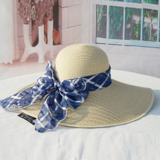 Masuknya Putih Biru Kotak-kotak Topi Matahari Topi (Beige)