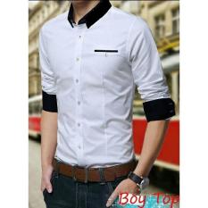 Media Fashion Shop - Baju Kemeja Pria - Boi Top Putih List Hitam Long Sleeved - Kemeja Formal/Santai Pria Terbaru Motif Polos Keren,Bagus,Laris,Murah - Bahan Cotton-Strech– Lengan Panjang Warna putih list hitam - Cowok Exclusive - Fit to L – LD 106 cm