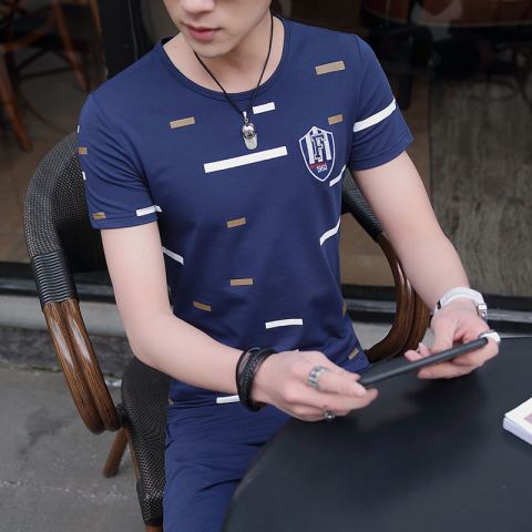 Home; Musim Panas Pria Lengan Pendek Kaos (T012 Biru Tua Set)