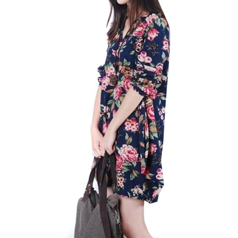 Lima Bintang Store Baru Linen Lengan Baju Seksi Wanita Bunga Panjang V-leher Begitu Pesta Malam Gaun Mini Bang Bang Pendek Seperti Biru Tua-Internasional 1