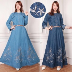 SB Collection Maxi Jumbo Dress Romance Gamis Jeans Bordir - Biru Muda