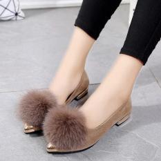 Sepatu wanita flat shoes pom bulu hitam cream baru murah