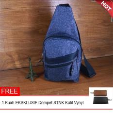 Tas Pria Import Selempang Sling Bag Kulit Kanvas Canvas - Blue Jeans Free Comb