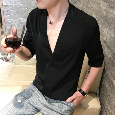 Trendi Pria Korea Fashion Style Besar V-neck Selutut Lengan Kemeja Kemeja (Hitam) baju atasan kaos pria kemeja pria