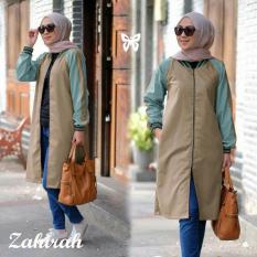 UC Jaket Outer Tunik Panjang Wanita Zamina / Luaran Muslimah / Baju Bomber Terusan / Bahan Katun (hiraza) SS -Mocca