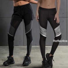 VANSYDICAL Barang Baru Wanita Legging Reflektif Stripe Printed Running Fitness Workout Elastisitas Tinggi Cepat Kering Yoga Celana (HITAM & Silver) -Intl