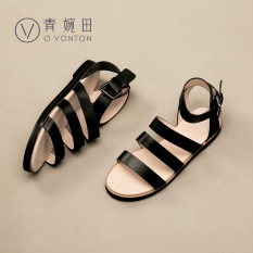 Wan Qing Tian Roma Kulit Wanita Datar Kasual Sepatu Wanita Sandal Summer (Hitam)
