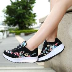 Wedges Kets Bunga Hitam SR05 / Sepatu Kets Wanita Olahraga Cewek Cewek Boots Boot Senam / Sepatu Sekolah - Kuliah