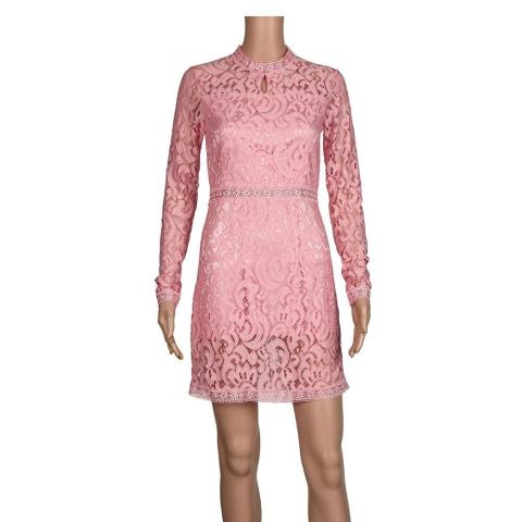 Wanita Sexy Pink Hollow Lace Baju Tipis Lengan Panjang Gaun Pesta Malam-Internasional 5