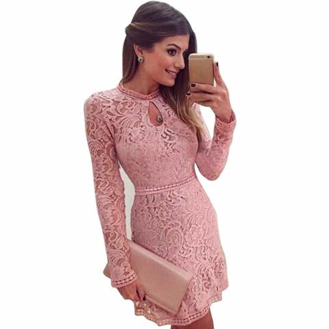 Wanita Sexy Pink Hollow Lace Baju Tipis Lengan Panjang Gaun Pesta Malam-Internasional 2