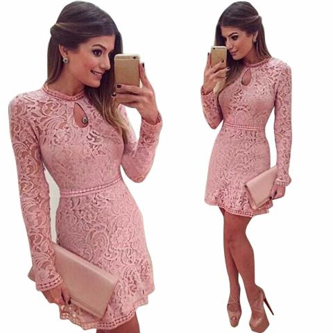 Wanita Sexy Pink Hollow Lace Baju Tipis Lengan Panjang Gaun Pesta Malam-Internasional 1