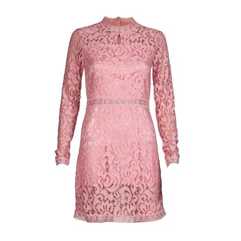 Wanita Sexy Pink Hollow Lace Baju Tipis Lengan Panjang Gaun Pesta Malam-Internasional 4