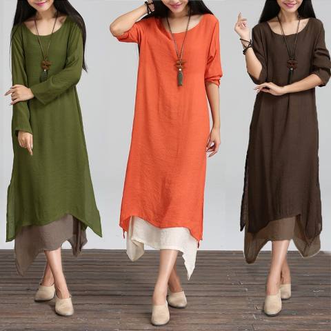 ZANZEA Sprei Katun Panjang Kasual Maxi Kaftan Cewe Wanita Lengan Baju Panjang Gaun Jeruk Baru 3