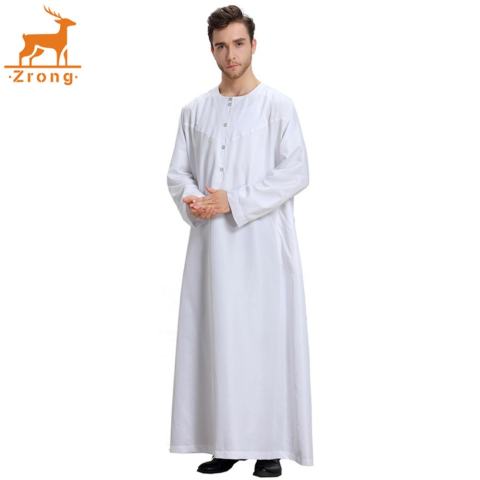 Zrong TH808 Pria Fashion Muslim Arab Timur Tengah Warna Solid Lengan Panjang Robe (Putih)-Intl 2