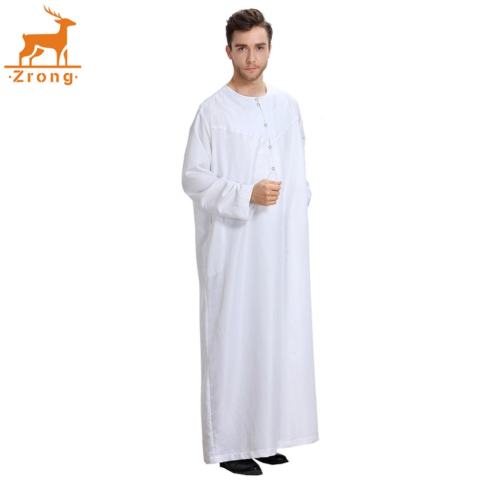 Zrong TH808 Pria Fashion Muslim Arab Timur Tengah Warna Solid Lengan Panjang Robe (Putih)-Intl 1