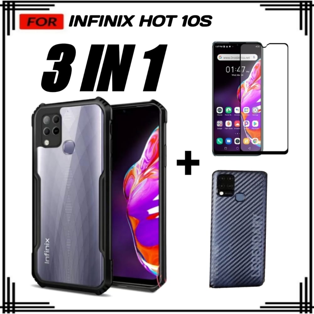 PROMO DISKON 3 IN 1 CASE INFINIX HOT 10S SOFT CASE ARMOR FREE TEMPERED